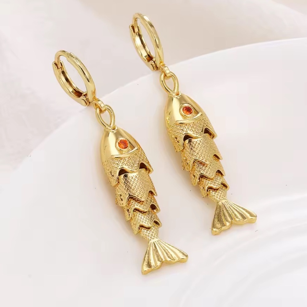 Anthropologie Gold Fish Dangle Earrings with Orange Accent